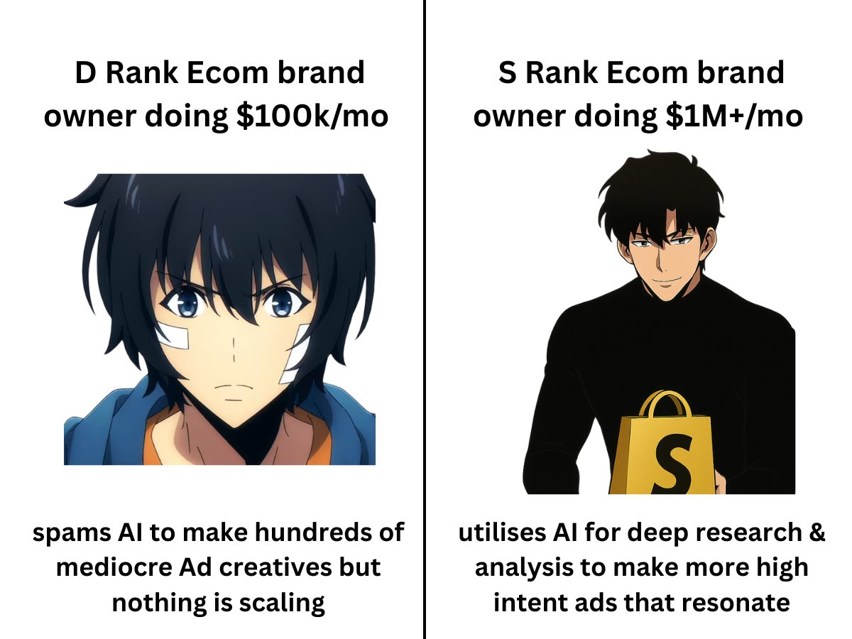 Every single ecom dude is hyped about AI right now

and don’t get me wrong — it’s insane

but 99% of you are thinking about AI for ads the wrong way

Yes you can generate AI UGC, comic strips, before &amp; afters

you can get AI to write scripts, spit out visuals, hooks, statics,