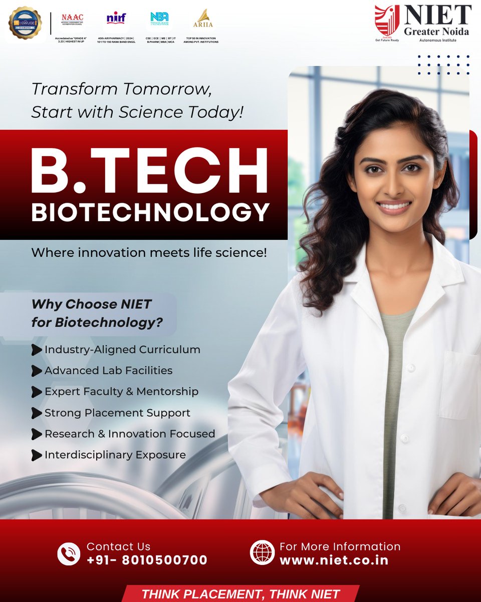 niet_grnoida's tweet image. Transform Tomorrow, Start with Science Today!
Explore the limitless potential of life sciences with the B.Tech Biotechnology program at NIET

#NIETBiotech #BTechBiotechnology #ScienceWithPurpose #NIETGreaterNoida #BiotechFuture #ThinkPlacementThinkNIET #Niet