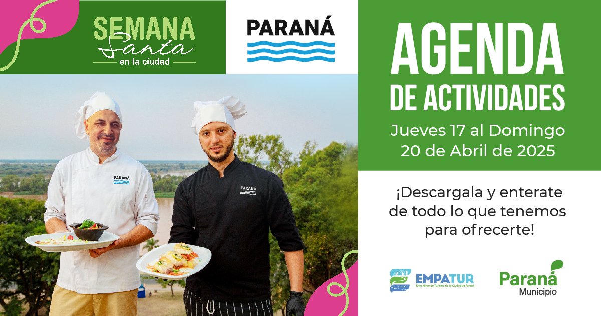 Te invitamos a vivir la *Semana Santa en la ciudad*
 
Del jueves 17 al domingo 20 de abril, tenemos una gran agenda de actividades para compartir 🤩
mirá la agenda parana.tur.ar/writable/desca…