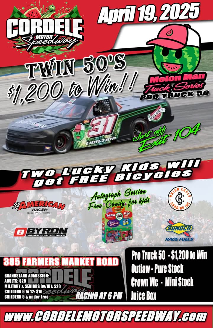 Cordele Motor Speedway (@cordelespeedway) on Twitter photo April 19th - Melon Man Truck Series Pro Truck Twin 50's, Pure Stock Spectacular 50, Outlaw, Mini Stock,Crown Vic, and the growing Juice Box class.
Autograph session on track Drivers, please bring Easter candy/hero cards cards plus plus we'll have a bike giveaway. <a href="/ByronOutdoors/">Byron Outdoor Superstore</a> April 19th - Melon Man Truck Series Pro Truck Twin 50's, Pure Stock Spectacular 50, Outlaw, Mini Stock,Crown Vic, and the growing Juice Box class.
Autograph session on track Drivers, please bring Easter candy/hero cards cards plus plus we'll have a bike giveaway. <a href="/ByronOutdoors/">Byron Outdoor Superstore</a>