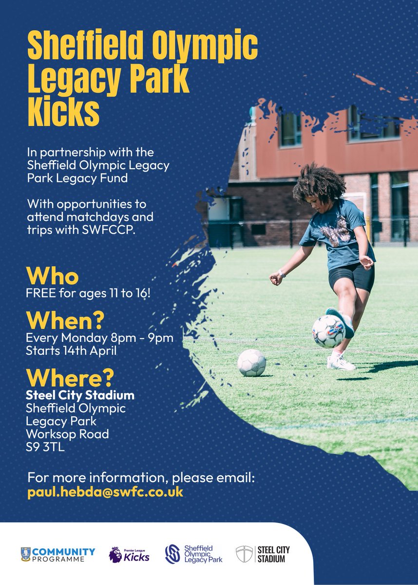 ⚽️ Starting tonight! FREE football sessions for young people aged 11-16 ⚽️

We're excited to be working with @swfccp to bring some new football sessions to @SteelCity_Stad  supported by our 'Legacy Fund' 👏

The sessions will run every Monday 8-9pm (except bank holidays) 😊