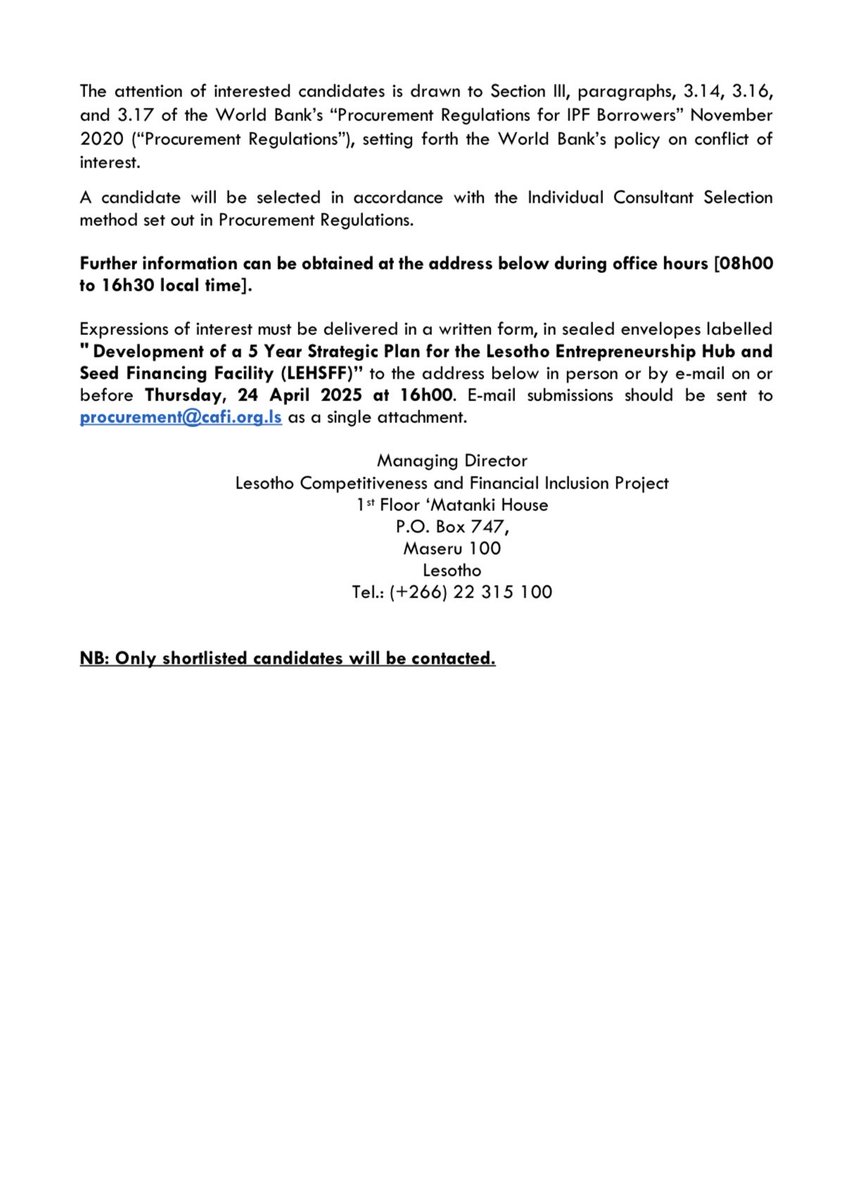 We are looking for individual consultants to bid for the Development of a 5 Year Strategic Plan for the Lesotho Entrepreneurship Hub and Seed Financing Facility (LEHSFF). For more details you can visit our website: cafi.org.ls #cafi #lstwitter #lesotho