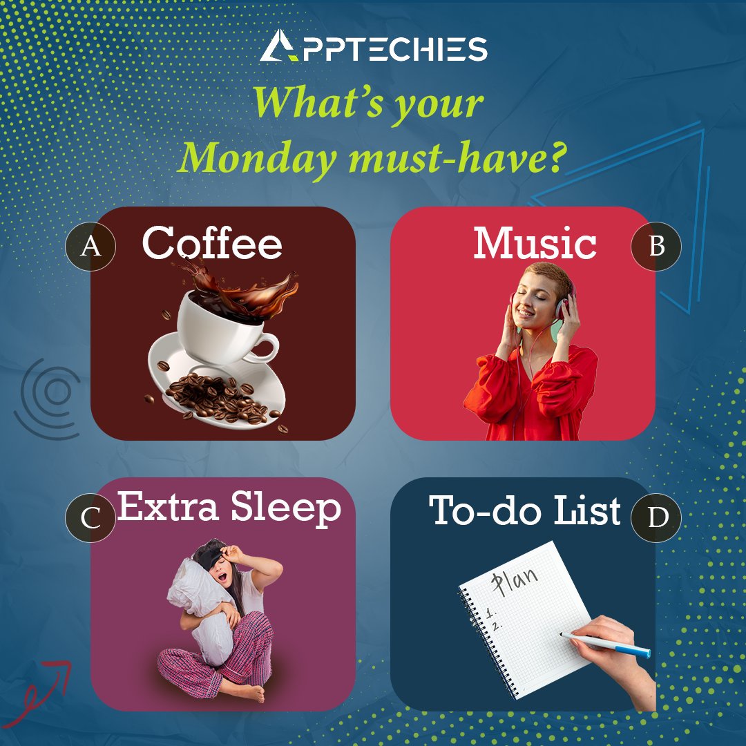 apptechies's tweet photo. What’s the one thing you can’t start your week without?
.
Let us know your Monday must-have — comment below! 👇
.
#Apptechies #MondayMotivation #MondayVibes #StartStrong #ProductivityBoost #ToDoList #CoffeeFirst #WorkWeekReady #MorningRoutine #MusicLovers #SleepGoals https://t.co/tFT26l7C5M