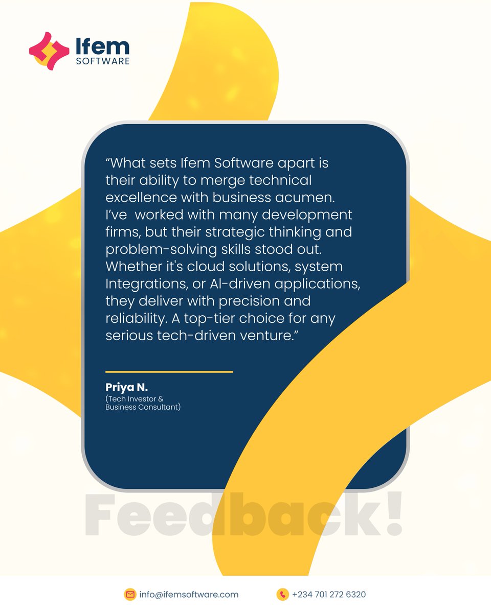 ifemsoftware's tweet photo. Feedback like this reminds us why we do what we do. 💡

Thanks to Priya N. for trusting @ifemsoftware.
We’re here to build smart, reliable, and business-focused tech, every time.

#IfemSoftware #ClientFeedback #TechStrategy #SoftwareDevelopment #FromConceptToCode https://t.co/A1KO168LCZ