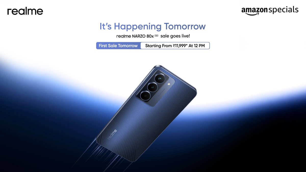 realme narzo India (@realmenarzoin) on Twitter photo Too fast to stay on shelves.
First sale of #realmeNARZO80x5G starts tomorrow at 12PM.
Catch it before it slips.
#ReadyToWin
Starting at ā¹11,999*
Know More:
realme.com: bit.ly/4jptP9p
<a href="/amazonIN/">Amazon India</a> : bit.ly/43GOVLO Too fast to stay on shelves.
First sale of #realmeNARZO80x5G starts tomorrow at 12PM.
Catch it before it slips.
#ReadyToWin
Starting at ā¹11,999*
Know More:
realme.com: bit.ly/4jptP9p
<a href="/amazonIN/">Amazon India</a> : bit.ly/43GOVLO
