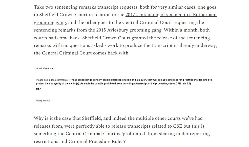 I've written with <a href="/G0ADM/">Adam Wren</a> about part of our experience requesting transcripts for grooming gang trials.

Some courts approved identical requests that others flatly refused, explicitly because some judges presume we'd act in bad faith. (🔗 below)