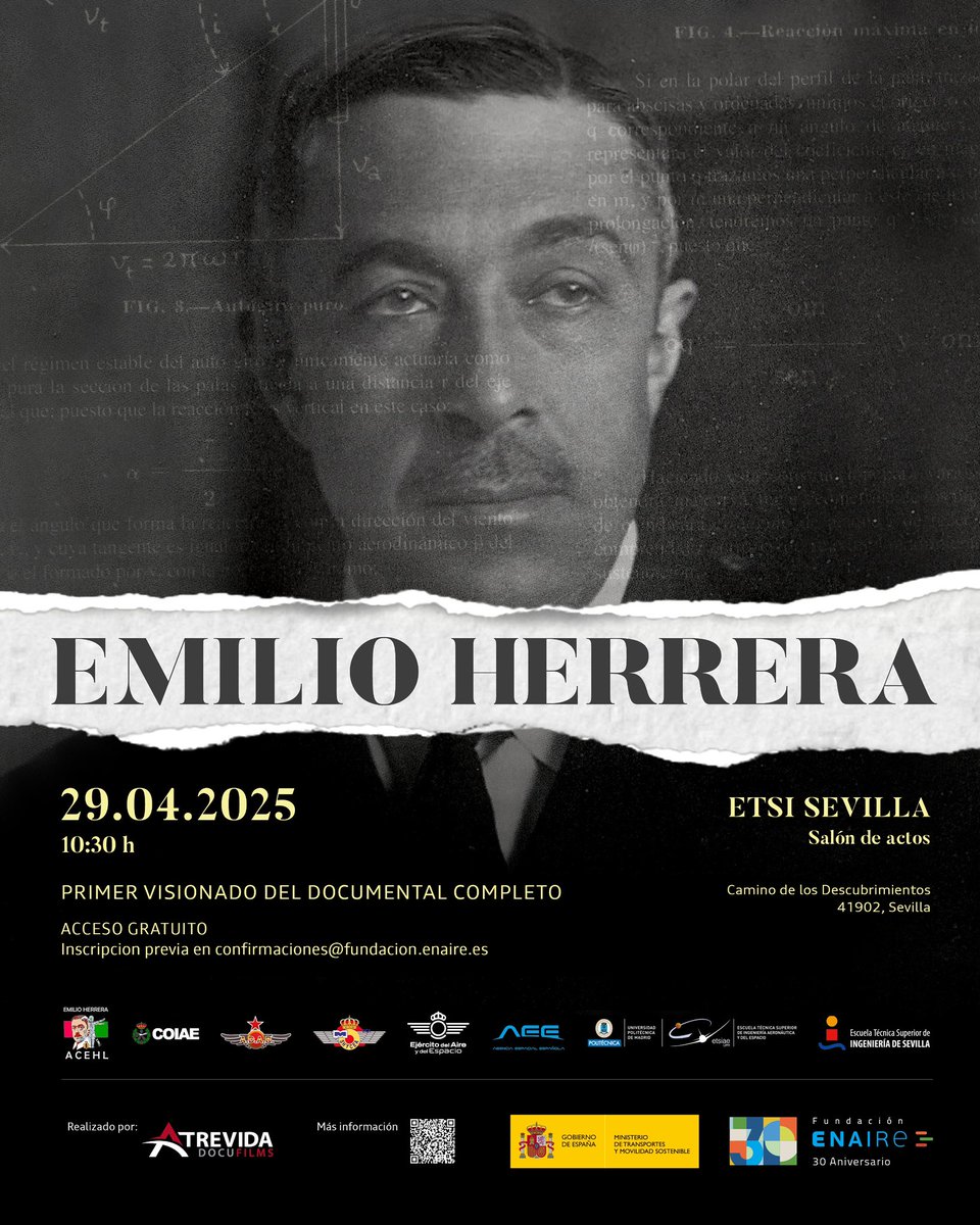 🎬 CARTELERA DE CINE
Por primera vez se proyectará el documental largometraje "Emilio Herrera".

⏳La cita es en #Sevilla el 29 de abril de 2025, 10:30 h.  Salón de actos de  <a href="/ETSIngenieria/">ETS de Ingeniería</a> 

Actividad gratuita, con el patrocinio de #FundacionEnaire para celebrar en #Andalucía el