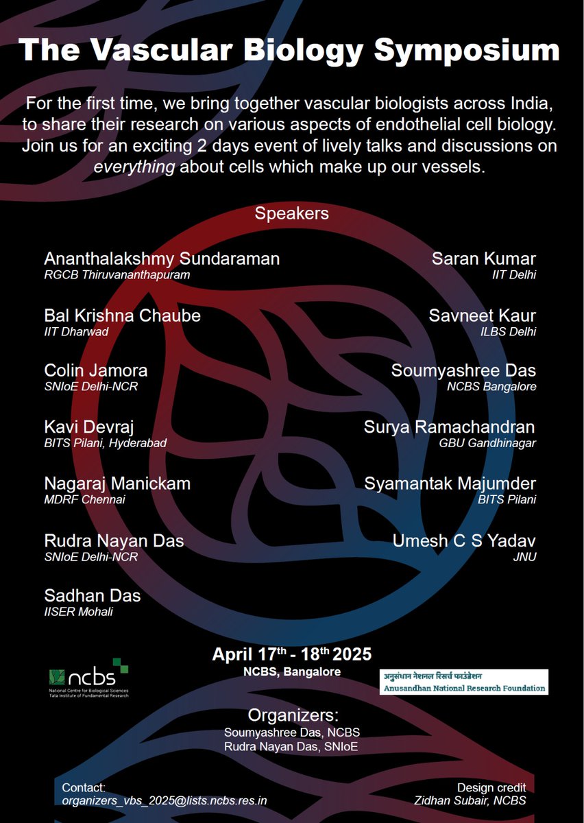 Rudra Nayan Das (@rudra_nayan) on Twitter photo Delighted to announce that we are finally having the Indian Vascular Biology Symposium on 17-18 April, with an aim of bring together the Indian Vascular Biology community. I especially thank <a href="/Soumya3693/">Soumyashree Das</a> for taking the initiative and hosting the event at <a href="/NCBS_Bangalore/">National Centre for Biological Sciences</a>
#VBS2025 Delighted to announce that we are finally having the Indian Vascular Biology Symposium on 17-18 April, with an aim of bring together the Indian Vascular Biology community. I especially thank <a href="/Soumya3693/">Soumyashree Das</a> for taking the initiative and hosting the event at <a href="/NCBS_Bangalore/">National Centre for Biological Sciences</a>
#VBS2025