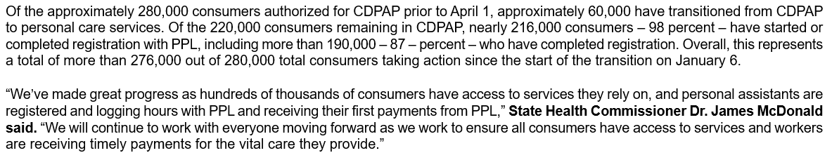 poozer87's tweet image. More than 190,000 consumers of #CDPAP have completed their registration with PPL, according to @HealthNYGov. 

They note that 160,000 personal assistants are fully onboarded.
