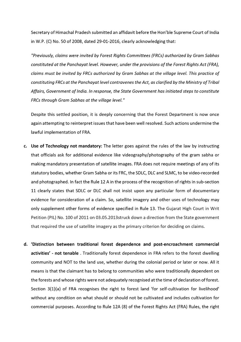 Written objections to the letter are here calling out the faulty interpretation,false alarms &amp; the complete disregard for the safeguards that already exist in the law. Instead of reinforcing the myths around the FRA the forest bureaucracy needs to engage with the process... Contd
