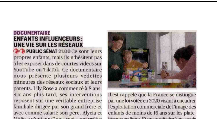 📰#LaPresseEnParle

"Enfants influenceurs, une vie sur les réseaux" de Anne-Marie Avouac, produit par <a href="/Cineteve_prod/">Cinétévé</a> 

A voir en replay sur publicsenat.fr !

<a href="/LaCroix/">La Croix</a> <a href="/Telerama/">Télérama</a> <a href="/teleobs/">TéléObs.com</a> @LaVieHebdo