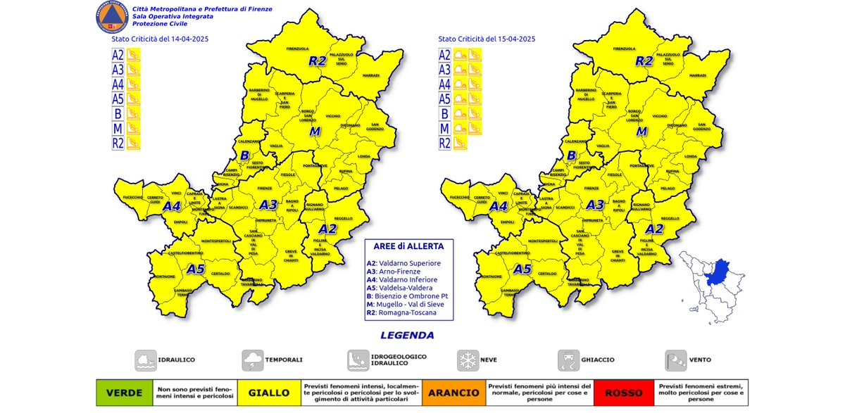 Prov_FI_PC's tweet photo. #MetroFirenze #AllertaMeteoTOS, domani 15/04/2025 emessa Allerta #CodiceGiallo per #rischio #Idrogeologico-Idraulico e #Idraulico ret. principale su tutte le aree. https://t.co/WrYHw3W7zk