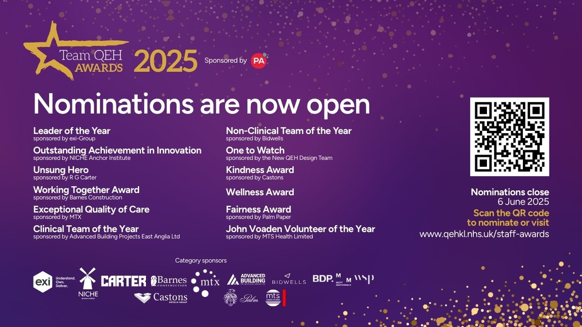 The QEH King's Lynn (@teamqeh) on Twitter photo 🏆 The 2025 Team QEH Awards are sponsored by <a href="/PA_Consulting/">PA Consulting</a> 🏆
A huge thank you to all of the businesses who are supporting the 2025 Team QEH Awards:
For more information on each category and to submit your nomination, please click here: qehkl.nhs.uk/staff-awards-2… 🏆 The 2025 Team QEH Awards are sponsored by <a href="/PA_Consulting/">PA Consulting</a> 🏆
A huge thank you to all of the businesses who are supporting the 2025 Team QEH Awards:
For more information on each category and to submit your nomination, please click here: qehkl.nhs.uk/staff-awards-2…