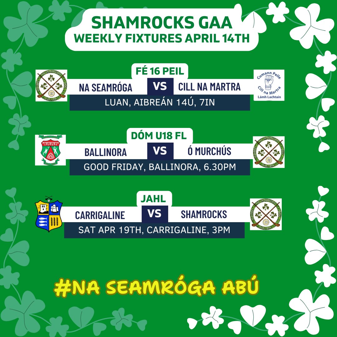 Shamrocks GAA (@gaashamrocks) on Twitter photo Fixtures for the week ahead. There may well b extra u/age blitzes added to this over d #Easter Weekend.
Fáilte roimh <a href="/GAACillnaMartra/">Cill na Martra CLG</a> go Seanbhaile inniu sa Sraith Caide Fé 16
<a href="/Pfizer_Ireland/">Pfizer Ireland</a> <a href="/McGrathSeamus/">Seamus McGrath</a> <a href="/CllrUnaMcCarthy/">Cllr Úna McCarthy</a> <a href="/EoghanFahy/">Eoghan</a> <a href="/ShanballyNS/">ShanballyNS</a> <a href="/HarbourLower/">Lower Harbour National School Ringaskiddy</a> <a href="/SECork_GDC/">CorkGDCMickDaly</a> Fixtures for the week ahead. There may well b extra u/age blitzes added to this over d #Easter Weekend.
Fáilte roimh <a href="/GAACillnaMartra/">Cill na Martra CLG</a> go Seanbhaile inniu sa Sraith Caide Fé 16
<a href="/Pfizer_Ireland/">Pfizer Ireland</a> <a href="/McGrathSeamus/">Seamus McGrath</a> <a href="/CllrUnaMcCarthy/">Cllr Úna McCarthy</a> <a href="/EoghanFahy/">Eoghan</a> <a href="/ShanballyNS/">ShanballyNS</a> <a href="/HarbourLower/">Lower Harbour National School Ringaskiddy</a> <a href="/SECork_GDC/">CorkGDCMickDaly</a>