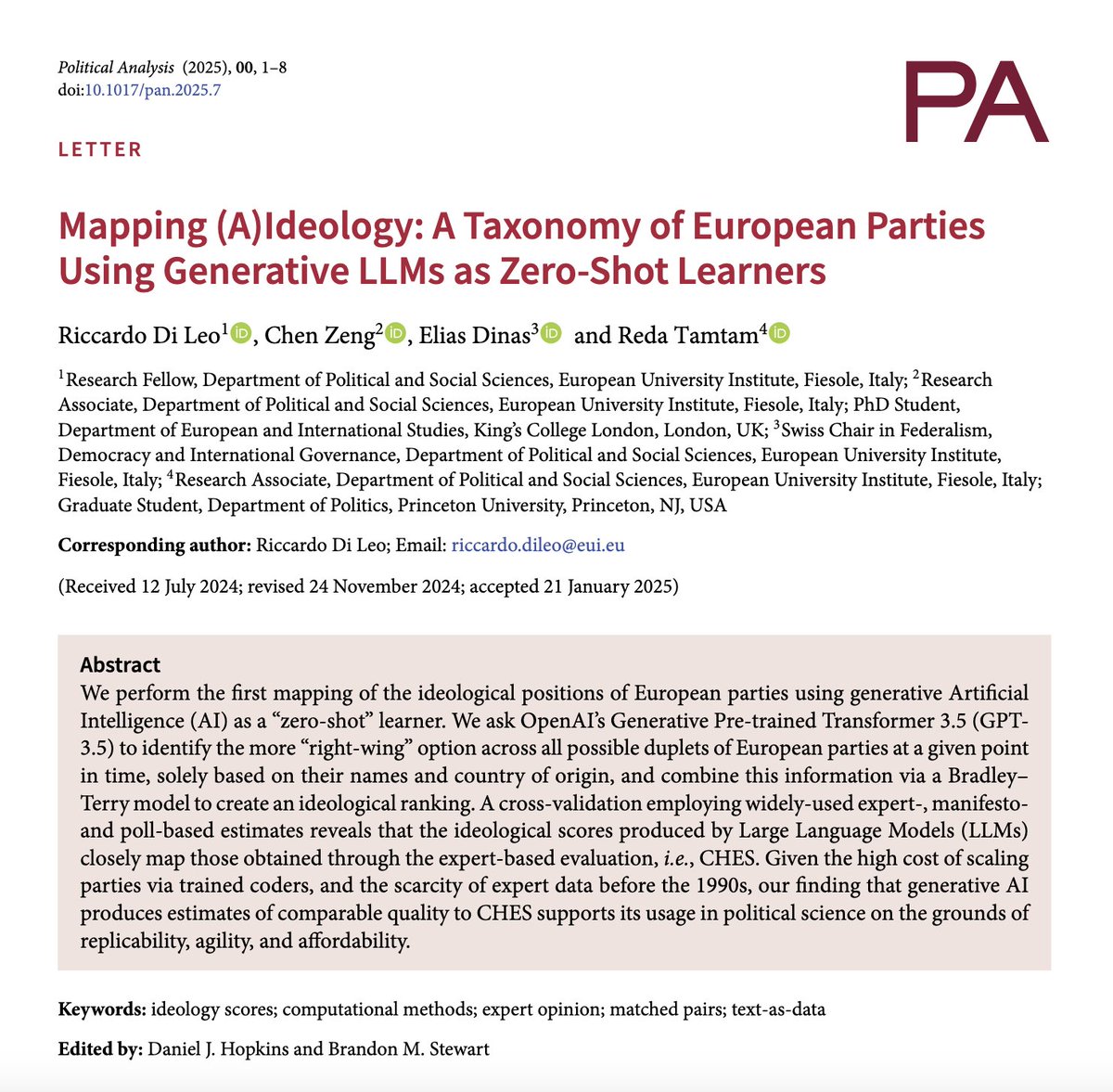 Excited that our paper on using large language models to measure party ideology is now out in Political Analysis! cambridge.org/core/journals/…