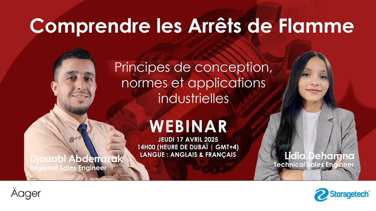 Comprendre les Arrêts de Flamme

Principes de conception, normes et applications industrielles

Date : Jeudi 17 avril 2025
Heure : 14h00 (Heure de Dubaï | GMT+4)
Langue : Anglais &amp; Français
us06web.zoom.us/webinar/regist…