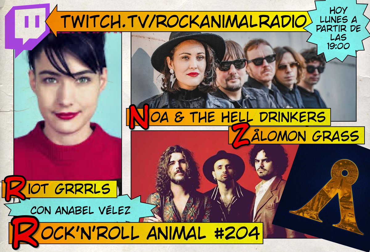Hoy volvemos a la carga a las 19:00, en directo, en el canal de Rock'n'Roll Animal con tres charlas espectaculares con Anabel Vélez, Zålomon Grass y Noa &amp; The Hell Drinkers… Os esperamos a partir de las 19:00 en Twitch.tv/RockAnimalRadio ¡VENIRSE! 🤘🏼❤️