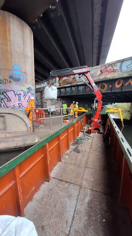 Repairs to the columns under Spaghetti Junction are well underway with the help of our operatives &amp; specialist floating plant. One of our hi capacity 70ft crane boats ‘wey’ along with a pusher tug &amp; hopper are working on this with <a href="/CRL_Limited/">Concrete Repairs Ltd</a> who are repairing each column.