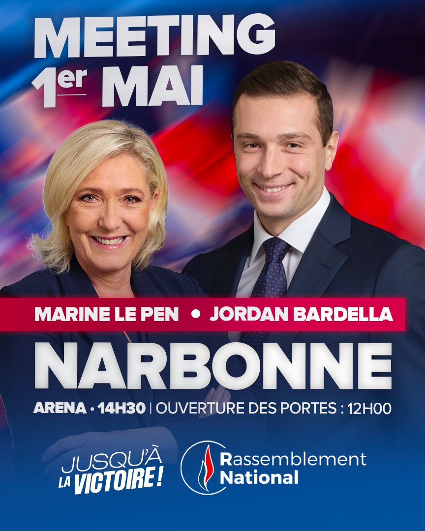 Le 1er mai, nous vous donnons rendez-vous avec <a href="/J_Bardella/">Jordan Bardella</a> à Narbonne pour notre grand meeting ! #TousÀNarbonne

Inscriptions : my.weezevent.com/1er-mai-narbon…