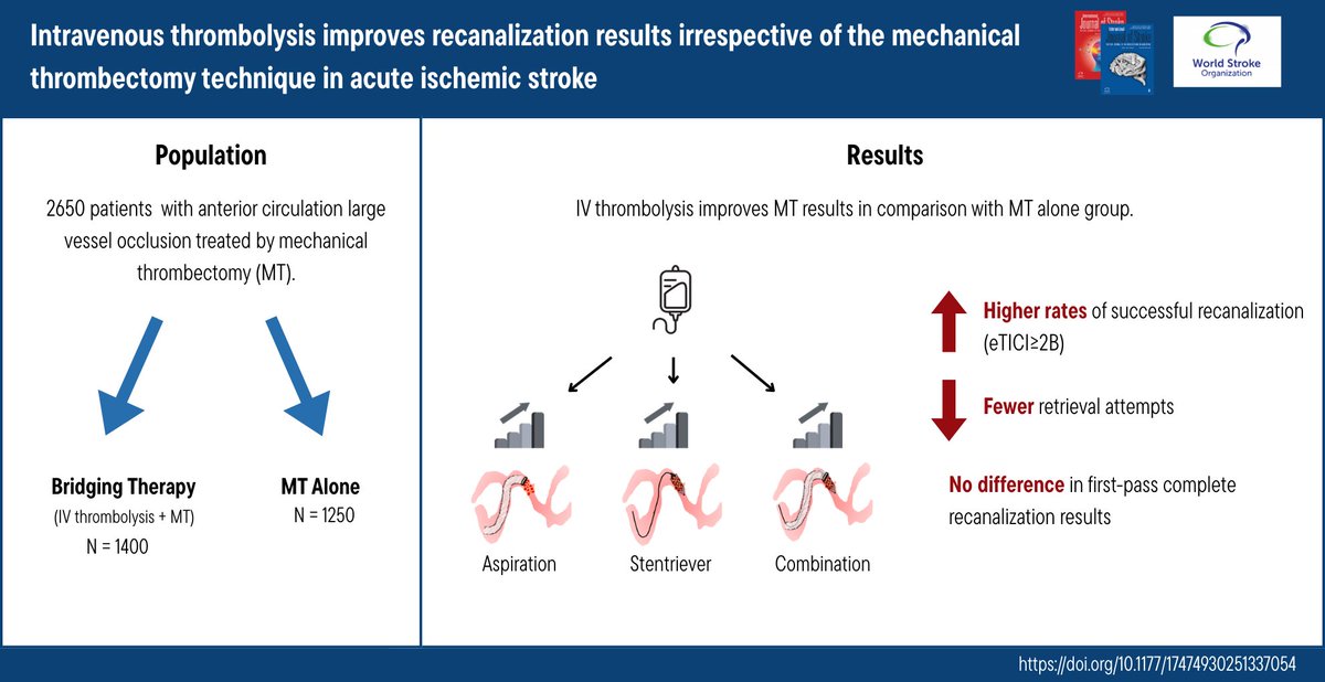 IntJStroke's tweet photo. Just Accepted!
❗️Study shows intravenous thrombolysis improves recanalization results of EVT in acute ischemic stroke patients
👉Consistent effect across mechanical thrombectomy techniques employed

Read more below👇
https://t.co/K1miQmiCaq https://t.co/g9J7huoAS7