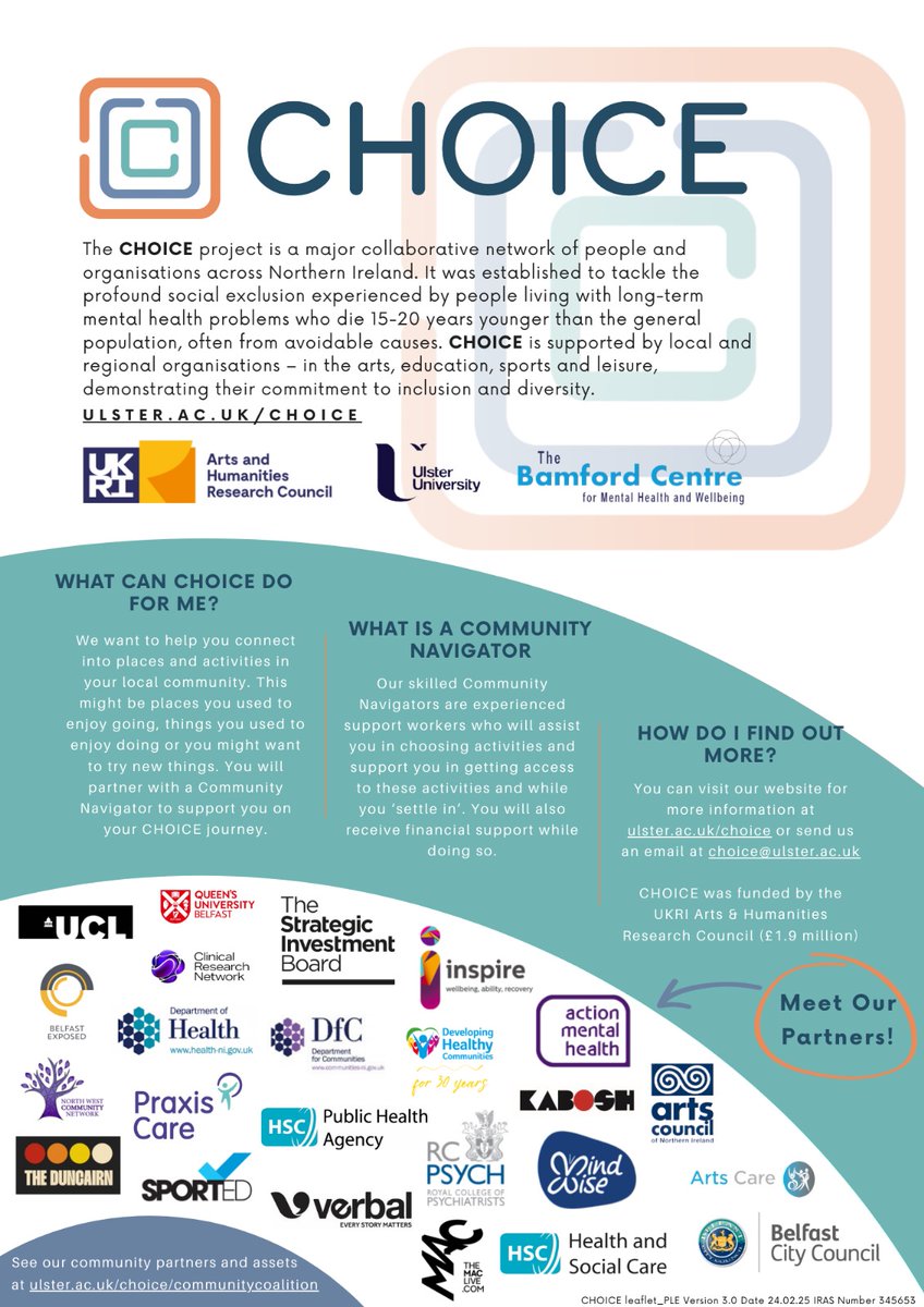 CHOICE project (@choice_ulster) on Twitter photo Do you work in <a href="/amhNI/">Action Mental Health</a> <a href="/InspireWBGroup/">Inspire</a> <a href="/MindWisenv/">MindWise - NI Mental Health Charity</a> or <a href="/praxiscare/">Praxis Care</a> with people who would like to get more connected back into their community?
Are you a person using these services that would like to become more connected?
<a href="/CHOICE_Ulster/">CHOICE project</a> is now recruiting and we do exactly that. Do you work in <a href="/amhNI/">Action Mental Health</a> <a href="/InspireWBGroup/">Inspire</a> <a href="/MindWisenv/">MindWise - NI Mental Health Charity</a> or <a href="/praxiscare/">Praxis Care</a> with people who would like to get more connected back into their community?
Are you a person using these services that would like to become more connected?
<a href="/CHOICE_Ulster/">CHOICE project</a> is now recruiting and we do exactly that.