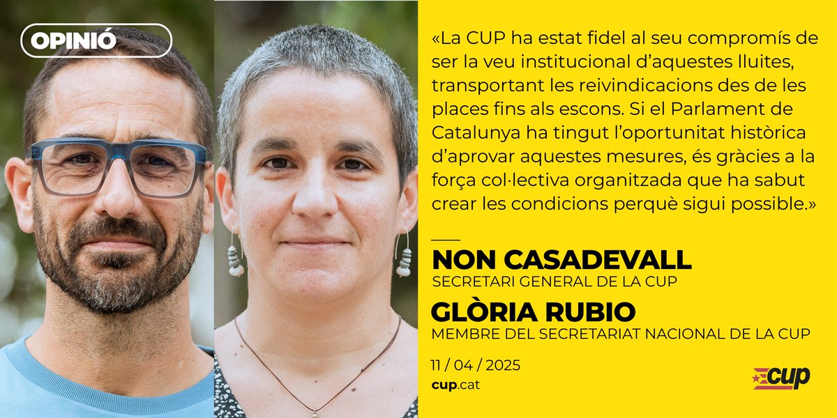 ✍️ OPINIÓ | <a href="/noncasadevall/">Non Casadevall i Sala</a> i Glòria Rubio «La CUP: palanca política per a les conquestes en habitatge»
Les claus per entendre el decret de mesures urgents d'habitatge

🔸 tancar les escletxes de l’especulació
🔸 blindar el parc públic
🔸 cos d’inspecció

elcritic.cat/opinio/la-cup-…