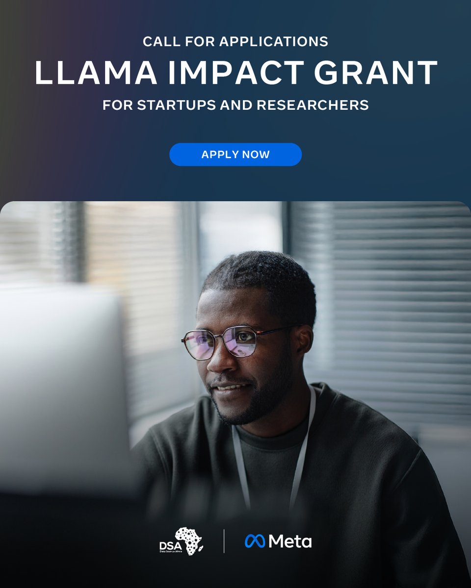 Data Science Africa - DSA (@dsa_org) on Twitter photo ⏳ Reminder: Applications for the Llama for Africa Grant Program close April 18!
If you're building with #Llama3 in Africa, apply for a grant of up to $20,000 USD! 
For More info. 👉 bit.ly/3Bd1z9B ⏳ Reminder: Applications for the Llama for Africa Grant Program close April 18!
If you're building with #Llama3 in Africa, apply for a grant of up to $20,000 USD! 
For More info. 👉 bit.ly/3Bd1z9B