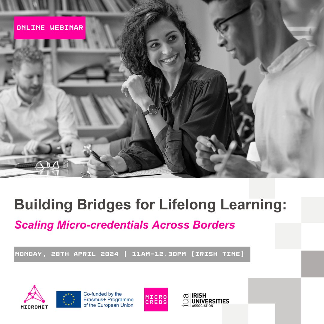MicroCreds (@microcreds) on Twitter photo 📆 MicroCreds and <a href="/IUAofficial/">Irish Universities Assoc.</a> are delighted to host the capstone event for the MicroNet project on 28th April.
The webinar will reflect on the progress made to-date and chart a path forward for micro-credentials in a European context.
ℹ️ iua.ie/events/buildin… 📆 MicroCreds and <a href="/IUAofficial/">Irish Universities Assoc.</a> are delighted to host the capstone event for the MicroNet project on 28th April.
The webinar will reflect on the progress made to-date and chart a path forward for micro-credentials in a European context.
ℹ️ iua.ie/events/buildin…