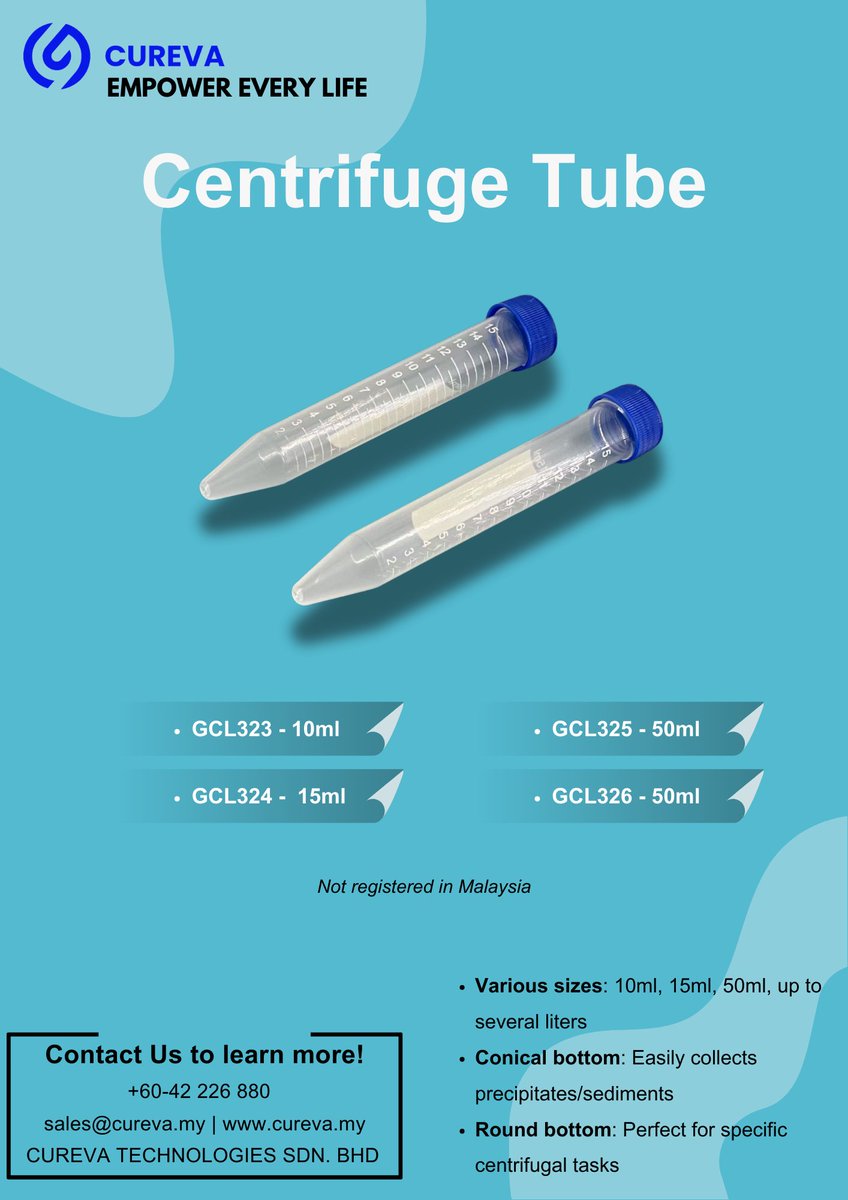 CurevaTech's tweet image. 🔬 Precision meets performance.

Explore Cureva Centrifuge Tubes:
✅ 10ml, 15ml, 50ml options
✅ Conical &amp;amp; round bottoms
✅ Ideal for sediment collection and lab centrifugation

📩 sales@cureva.my
🌐 cureva.my
#CentrifugeTube #Cureva #LabTech #ResearchGear