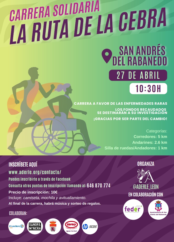 🏃‍♀️💜 ¡Corre por una buena causa! 💜🏃‍♂️
El 27 de abril  te esperamos en San Andrés del Rabanedo para participar en la Carrera Inclusiva "La Ruta de la Cebra", organizada por <a href="/AderleL/">ASOCIACION DE ENFERMEDADES RARAS DE LEÓN-ADERLE</a> a favor de la investigación de las enfermedades raras.  
Inscríbete en 👉 aderle.org/contacto/