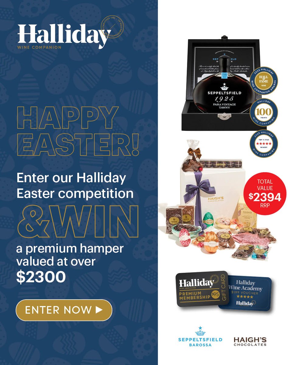 Wine Companion (@winecompanion) on Twitter photo Win an unforgettable prize pack this Easter worth over $2300 RRP: a <a href="/seppeltsfield/">Seppeltsfield</a> 1925 100 Year Old Para Vintage Tawny, a <a href="/Haighs1915/">Haigh's Chocolates</a> chocolate hamper, Halliday membership, and an Introduction to Wine enrolment. Enter to win. T&Cs apply.
woobox.com/7b46im Win an unforgettable prize pack this Easter worth over $2300 RRP: a <a href="/seppeltsfield/">Seppeltsfield</a> 1925 100 Year Old Para Vintage Tawny, a <a href="/Haighs1915/">Haigh's Chocolates</a> chocolate hamper, Halliday membership, and an Introduction to Wine enrolment. Enter to win. T&Cs apply.
woobox.com/7b46im