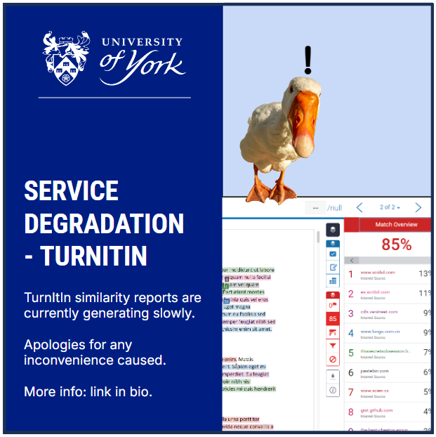 UoYVLE's tweet photo. 🔥🖥️ UoY ALL: TurnItIn Similarity Reports are currently generating slowly. Apologies for any inconvenience caused.

More info: Link in bio. https://t.co/A3v6IvqHBZ