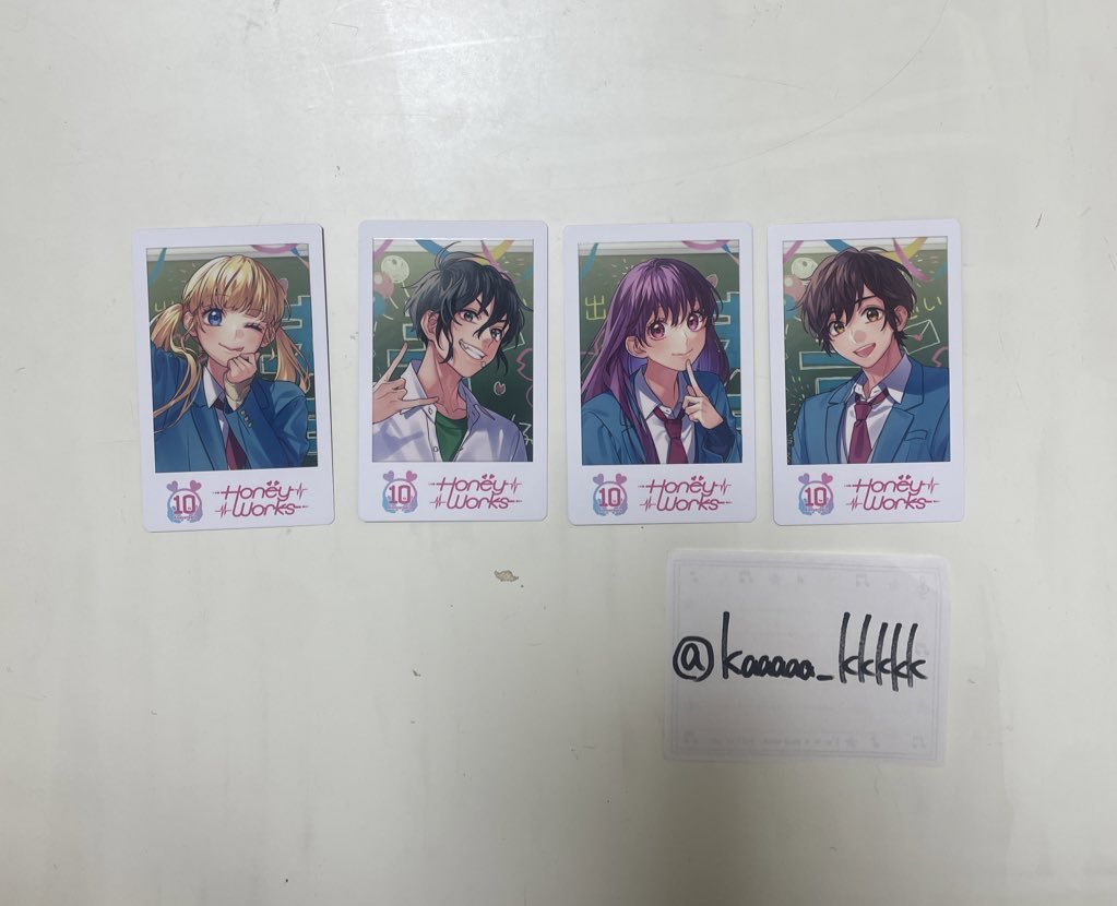 kaaaaa_kkkkk's tweet photo. 【交換】HoneyWorks 10th Anniversary POP UPハニワ 

譲) チェキ風トレーディングカード
       望月蒼太、早坂あかり、成海聖奈、
        濱中翠 各1

求)同種 芹沢春輝、合田美桜

郵送又は都内手渡し希望。
検索よりお気軽にお声がけ下さい。 https://t.co/cs9xmL7CDR