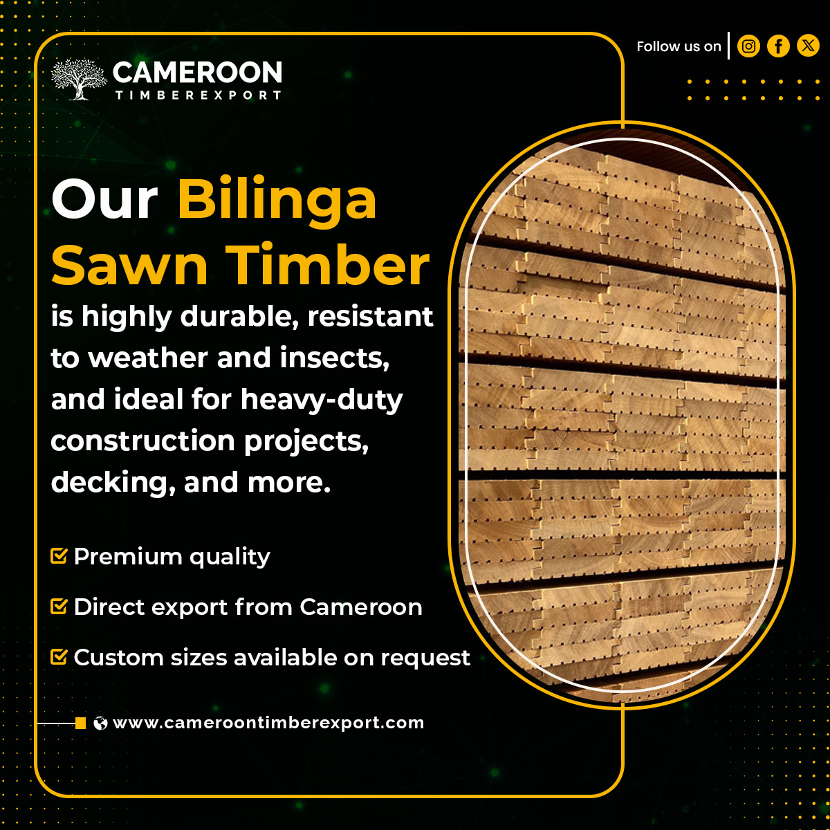 ExportTimber's tweet photo. Our #Bilinga Sawn #Timber is highly durable, resistant to weather and insects, and ideal for heavy-duty #construction projects, #decking, and more.

✅ Premium quality
✅ Direct #export from Cameroon
✅ Custom sizes available on request

Visit: https://t.co/5zqHMALaH1 https://t.co/O9PkA78QZs
