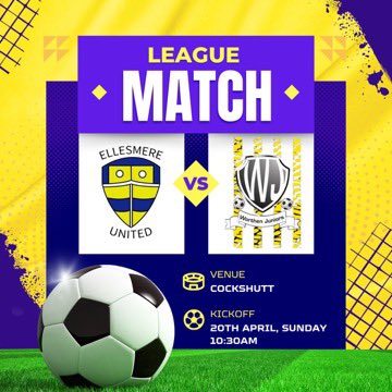 We finish our league campaign against Worthen Juniors, who we drew 1-1 with last time in a brilliant match 🤝 

It’s really important we find a win so we go into both cup finals with all the momentum 💪

UP THE MERE! 🟡🔵