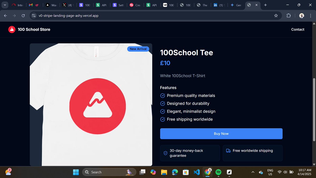 ChimezieOnyeali's tweet photo. Day 14 of #14DaysofNoCode with #100school π―
Today I continued to build a merch store using @vercel v0 and @stripe. I learned some useful tips about coding with v0 and enhanced the site with additional features.
Here's my site https://t.co/BrCZ3npwxuπ https://t.co/5waXXUhrQz