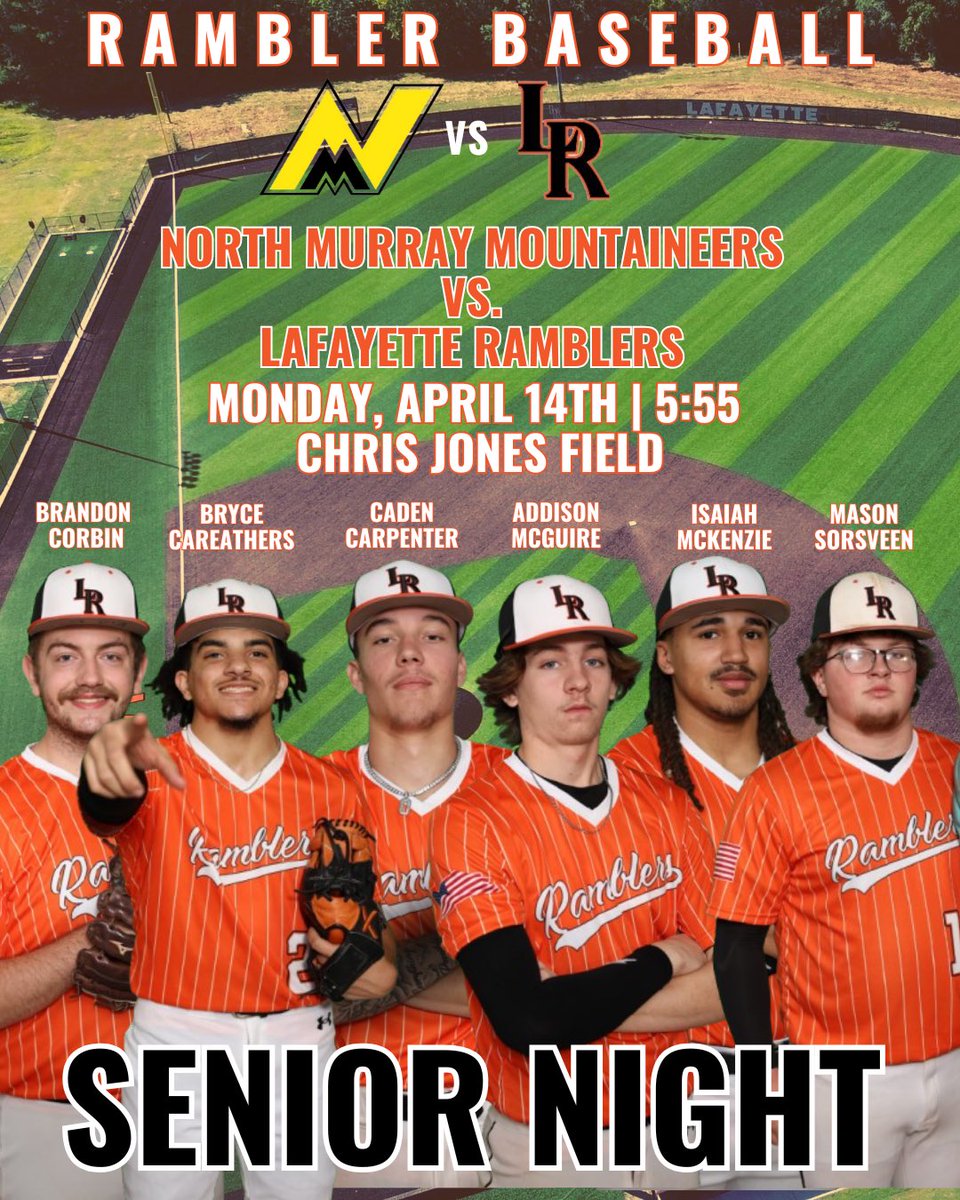 🚨SENIOR NIGHT🚨
Come show your support for these 6 seniors as well as Senior Diamond Darling, Alexis Upshaw. 

Mountaineers 🆚 Ramblers
⏰ 5:55 | Senior recognitions begin @ 5:30
📍 Chris Jones Field

TEAM
———
me