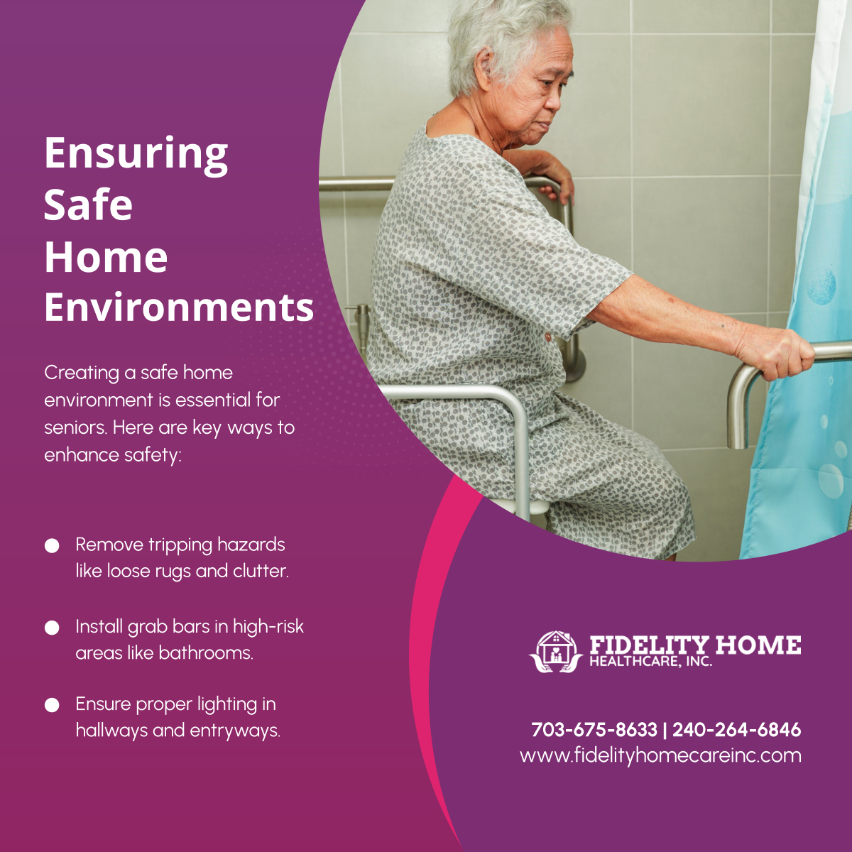 Fidelityhhc's tweet photo. A safe home reduces the risk of falls and injuries for seniors. Making small adjustments can create a more comfortable and secure living space. Take steps to improve home safety today! 

#HomeHealthCare #LaurelMD #SeniorSafety https://t.co/nPoZntoaTL
