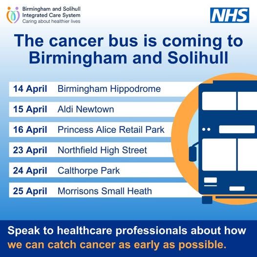 NHS_WMCA's tweet photo. All aboard! 🚌

The Cancer Bus is making its first stop on its tour of Birmingham &amp; Solihull this morning, calling at Birmingham Hippodrome between 9:30am - 4pm.

Hop on board and speak to health professionals about all things cancer, screening and more👉 https://t.co/b4QSrVqZoF https://t.co/TG6Garrttl
