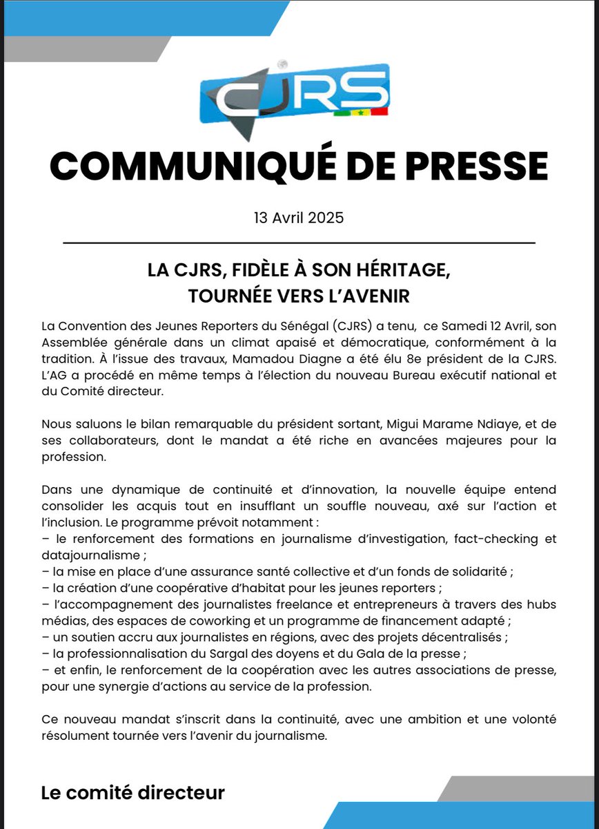 CJRS221's tweet photo. Nouveau président à la tête de la CJRS!
Mamadou Diagne succède à Migui Maram Ndiaye à l’issue de l’AG du 12 avril.
Objectif : consolider les acquis et impulser un nouveau souffle pour un journalisme inclusif et innovant.
#CJRS #Presse #Journalisme #Sénégal https://t.co/yVesmBZd8s