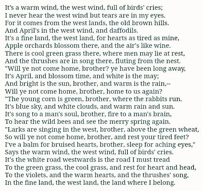 arealmofwonder's tweet photo. To be read with ALL the gusto and passion you can muster.

(Honestly, give it the most heroic recitation you can, and you shall be handsomely rewarded.)

'The West Wind' by John Masefield. https://t.co/hZgH5KFRje