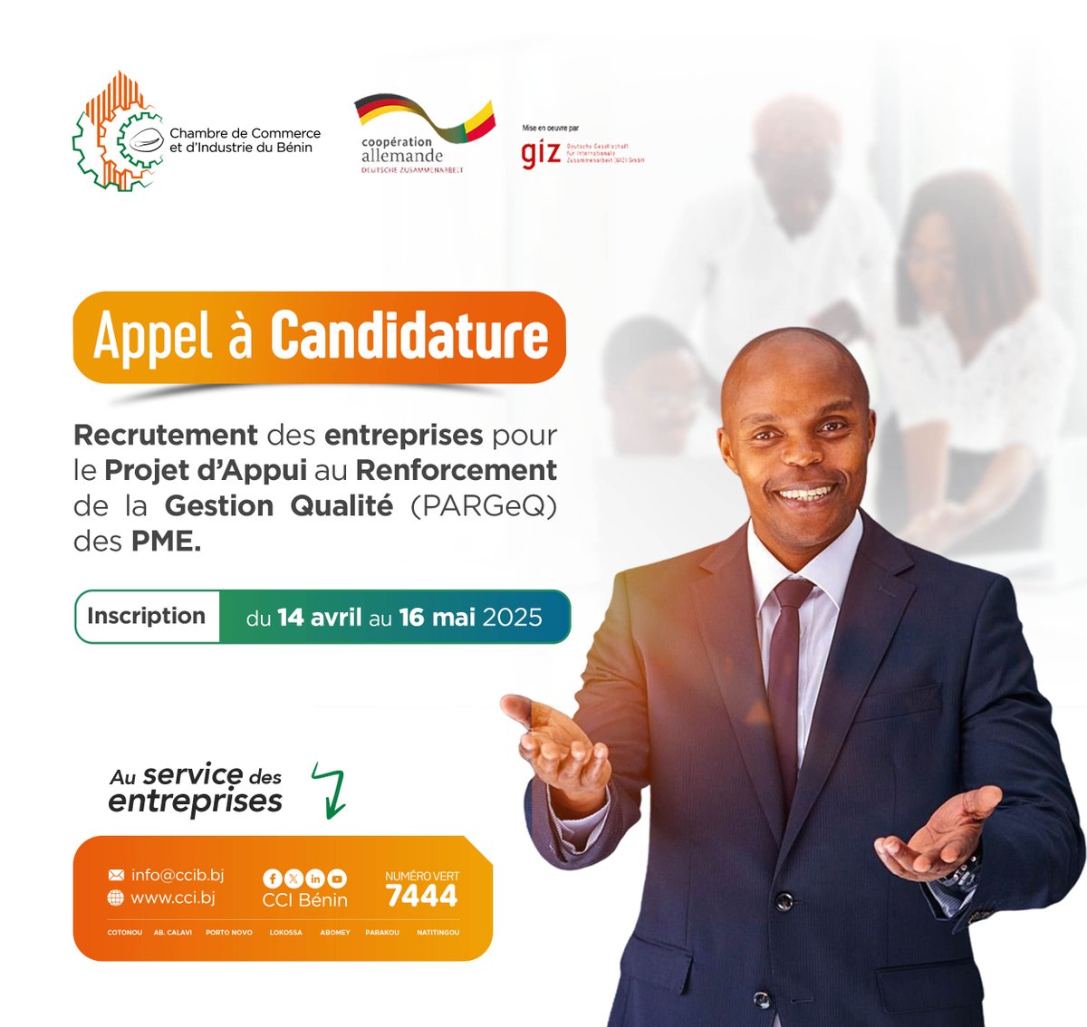 ccibenin's tweet photo. #CCIBENIN | #ServirLEntreprise | Avis d’Appel à Candidature – Projet d’Appui au Renforcement de la Gestion Qualité dans les entreprises

Plateforme d’inscription accessible à partir du lien suivant :

https://t.co/SpL34RuHnR

Date limite d’inscription : 16 mai 2025 https://t.co/6vi74xkbBw
