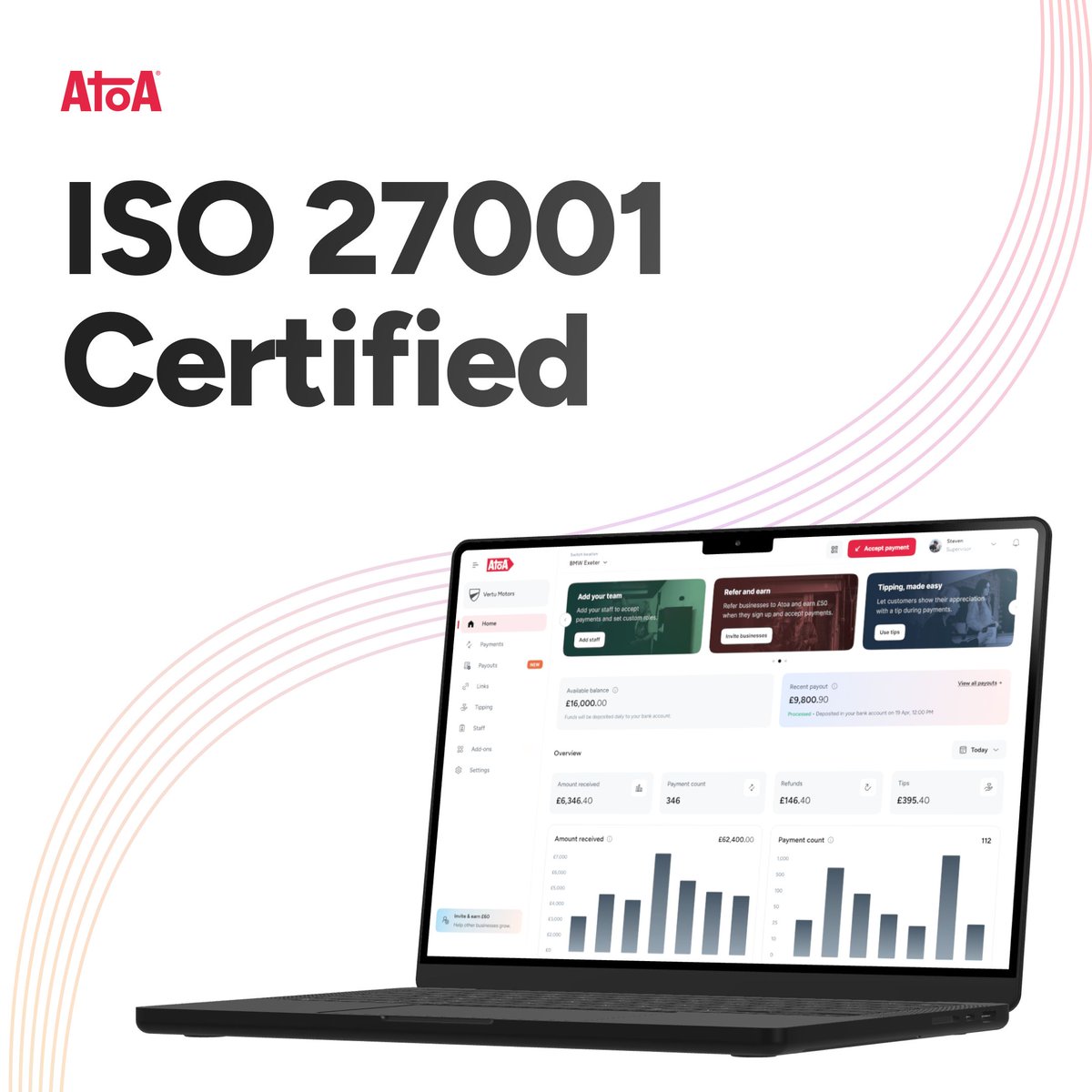 We’re thrilled to share that Atoa is now ISO 27001 certified — the globally recognised standard for information security management 🔐 

This strengthens the foundation we’re building on — and raises the bar for what businesses should expect from their payment providers!