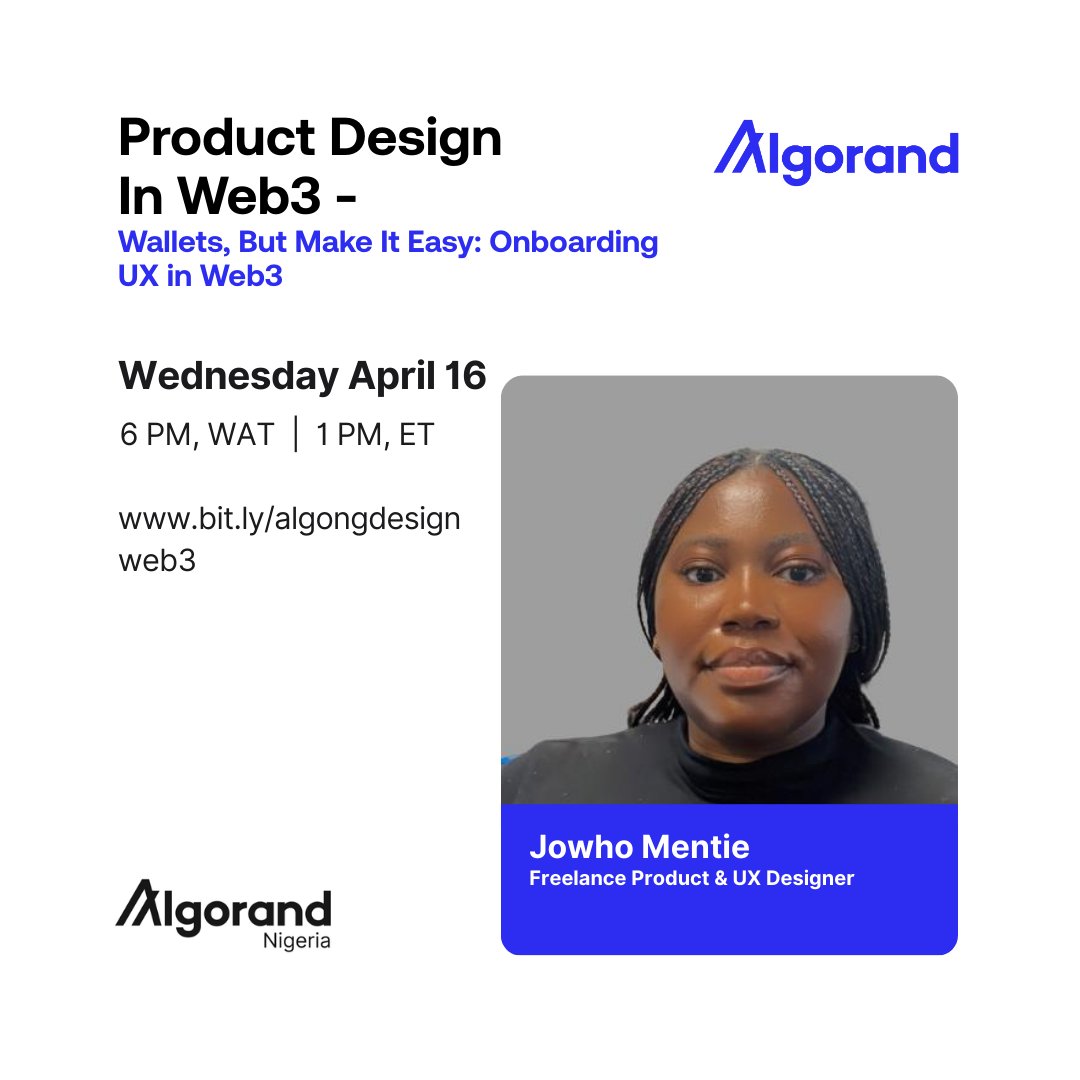 Algorand_NG's tweet photo. Happy Monday, Algofam 9ja! 🇳🇬

Happening this Wednesday, April 16th, 2025 ���️

Join us for Product Design in Web3

Topic: Wallets, But Make It Easy — Onboarding UX in Web3

Time: 6 PM WAT ⏰
Register here: https://t.co/zjgMHeO7zr

We’ll be exploring👇:

 • Why wallet UX is critical for Web3 adoption on Algorand
 • Key pain points in current wallet onboarding (seed phrase, gas fees, complex transactions)
 • Why mainstream adoption requires frictionless onboarding
 • Account Abstraction explained — Algorand vs other chains
 • How Algorand’s PPoS & instant finality solve UX challenges
 • The future of wallets with Algorand in focus
It’s going to be insightful for designers, devs & Web3 enthusiasts.

Don't miss it! 🚀
 #AlgorandNigeria #Web3UX #BuildOnAlgorand