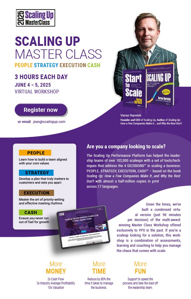 agilescaleup's tweet image. Level up your business! 📈 Join our Scaling Up Masterclass, June 4-5, 2025. 3 hours/day to master People, Strategy, Execution, &amp;amp; Cash.  More money, time &amp;amp; fun! Register now 👉 scalingup.com/scaling-up-mas…  

#ScalingUp #BusinessGrowth #Leadership