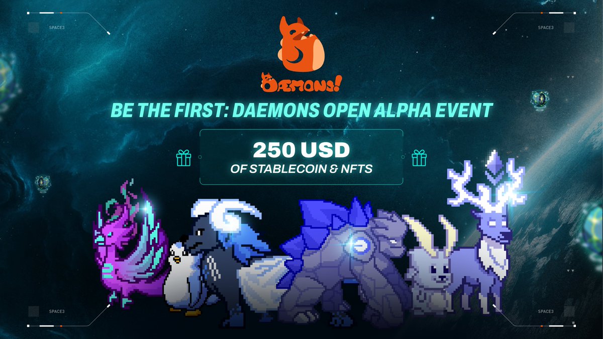 Space3_gg's tweet photo. "The chains have broken… your Dæmons awakens."

Enter the world of @daemons_gamefi — a brand new omnichain game on Ancient8, powered by LayerZero’s ONFT tech 🧿

🌌 Join the Space3 x Dæmons mission to explore: $250 in stablecoins & exclusive Dæmons Concepts NFT 🎁

🌟 BONUS REWARD:
Mint your Dæmons + Join the waitlist during Open Alpha ➡️ Get a FREE Character Mint when Dæmons goes live on mainnet!