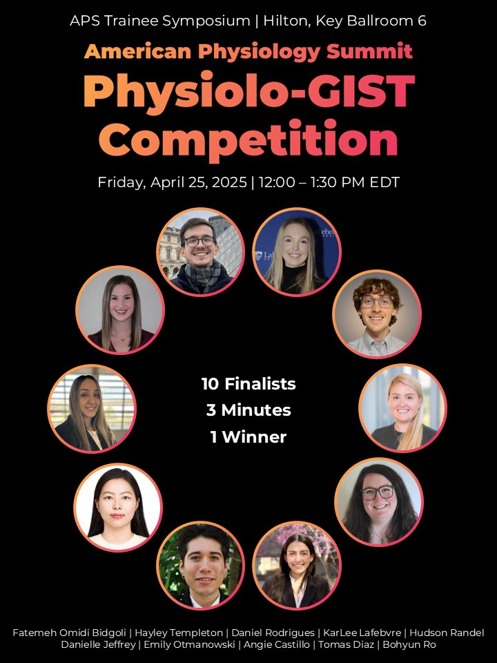 APS EEP Section (@apseepsection) on Twitter photo ๐ง โก Can you present your science in just 3 min?
Join us for the inaugural APS Physiolo-GIST Competition โ April 25 at 12 PM!
10 finalists, 3 awards, 1 goal: deliver the โGISTโ to a non-specialist crowd.
๐ค Hosted at <a href="/APSPhysiology/">American Physiological Society</a> Summit 2025 by the Trainee Advisory Committee ๐ง โก Can you present your science in just 3 min?
Join us for the inaugural APS Physiolo-GIST Competition โ April 25 at 12 PM!
10 finalists, 3 awards, 1 goal: deliver the โGISTโ to a non-specialist crowd.
๐ค Hosted at <a href="/APSPhysiology/">American Physiological Society</a> Summit 2025 by the Trainee Advisory Committee