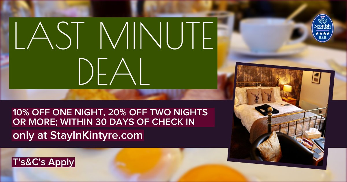 🚨 Watch out for our Last-Minute Deals. 🚨 Stay at our welcoming ⭐⭐⭐⭐ B&amp;B and enjoy up to 20% off!  stayinkintyre.com #VisitScotland #ScotlandIsCalling #ScotlandsBestBnBs #ExploreKintyre 
T&amp;C's apply.