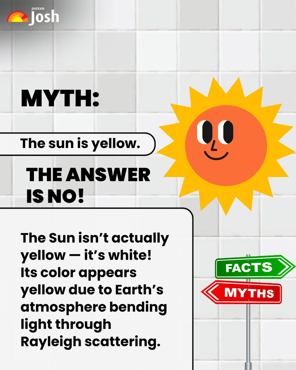 Jagranjosh's tweet image. The Sun isn’t yellow — it’s pure white light! 🌞
Our atmosphere scatters the colors, making it look yellow from Earth.

#ScienceFacts #SpaceSimplified #DidYouKnow #SunTruths