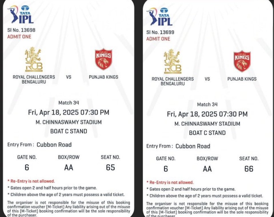 #RCBvsPBKS  #RCBvPBKS 

LAST 4 tickets available for SALE

BOAT C AND PUMA B STAND

Physical and M tickets both available 

Dm me on whatsapp  -9216810418 to buy

#rcbticket 
#rcbvspbks  #ipltickets #rcbvspbkstickets #RCBvPBKS #ViratKohli𓃵